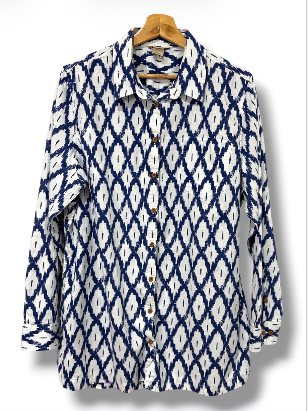 Duluth Trading Women's Artisan Hemp Tunic Long Sleeve Shirt Blue White Size XL